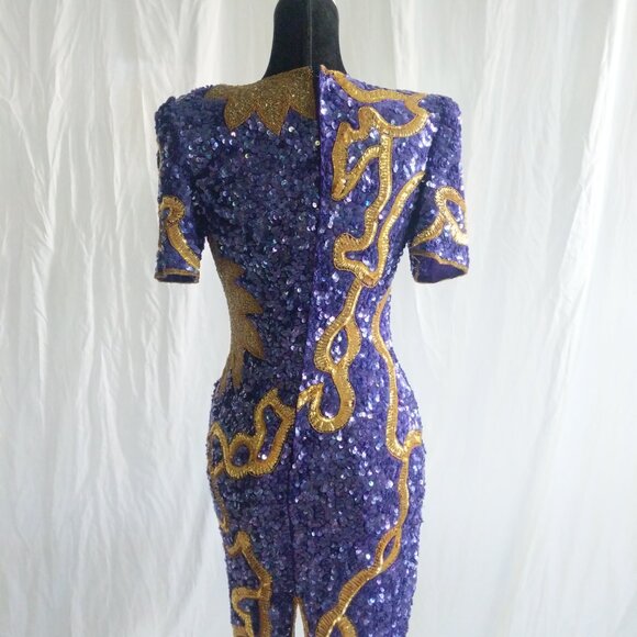STUNNING RARE Designer Lawrence Kazar Vintage Purple and Gold Beaded Dress Small - Picture 4 of 10